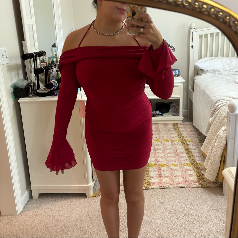NWT Hello Molly Dress 8 Mini Ruched Wine Red Long Sleeve Halter Sheer Flutter
